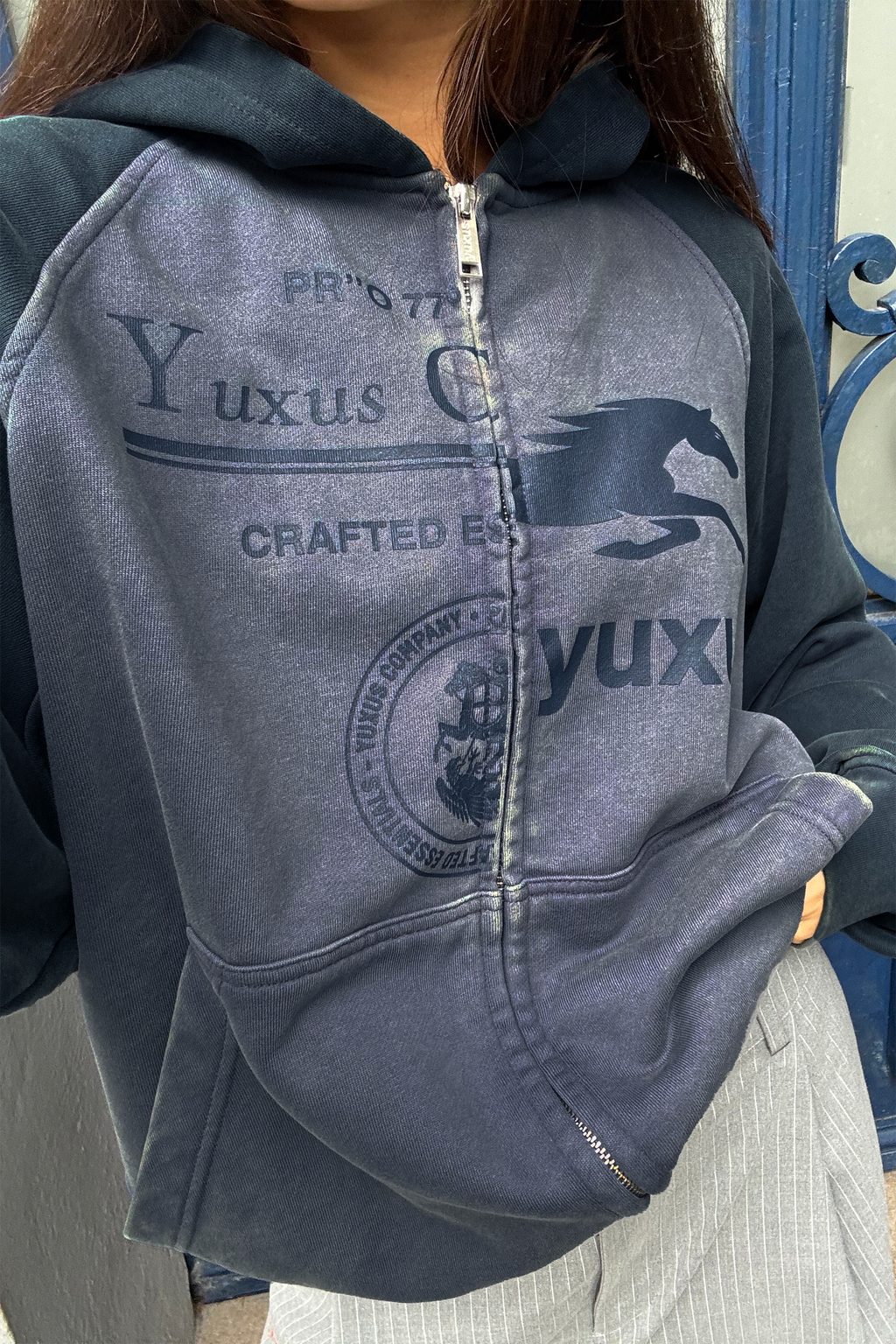 MISMATCH ZIP HOODIE BLUE